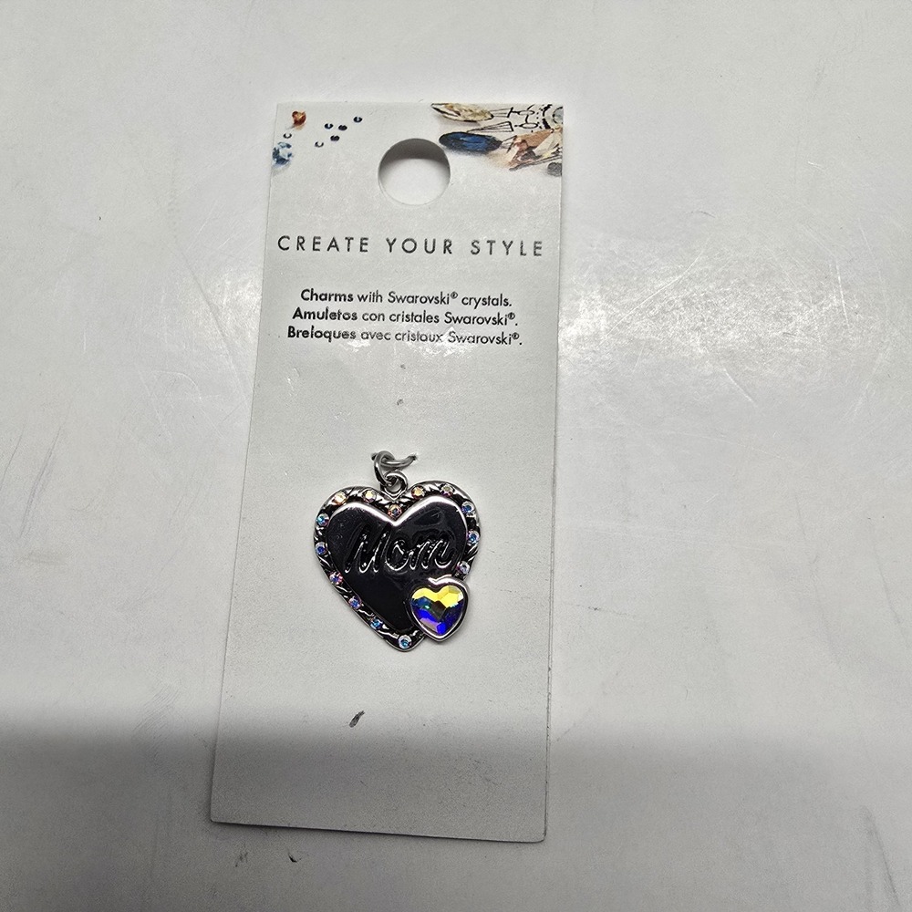 Silver Tone Mom Heart Charm With Swarovski Crystals‎